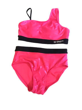 Justice Sport Girls Bathing Suit Bakini Hot Pink Black Metallic Size L 12/ 14